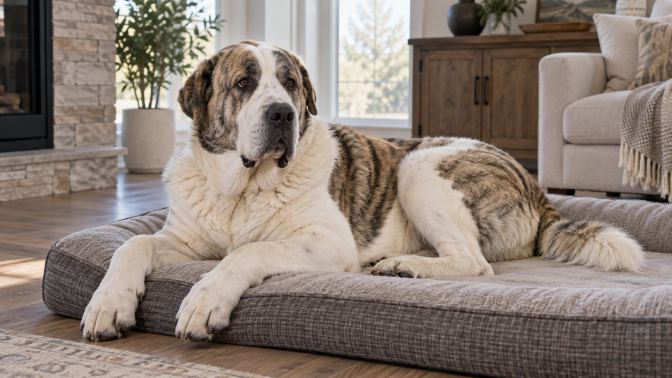 Central Asian Shepherd resting in a clean living room