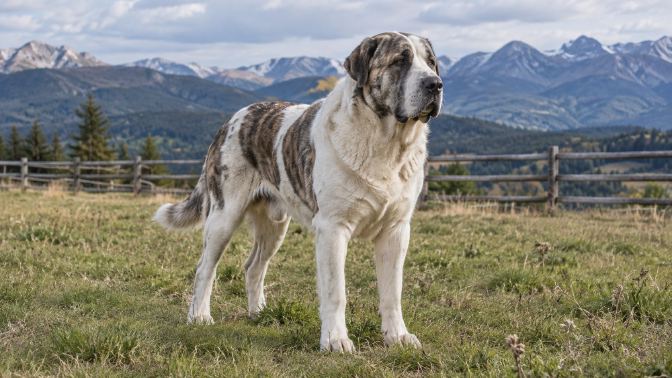 Adult Central Asian Shepherd in a fenced meadow