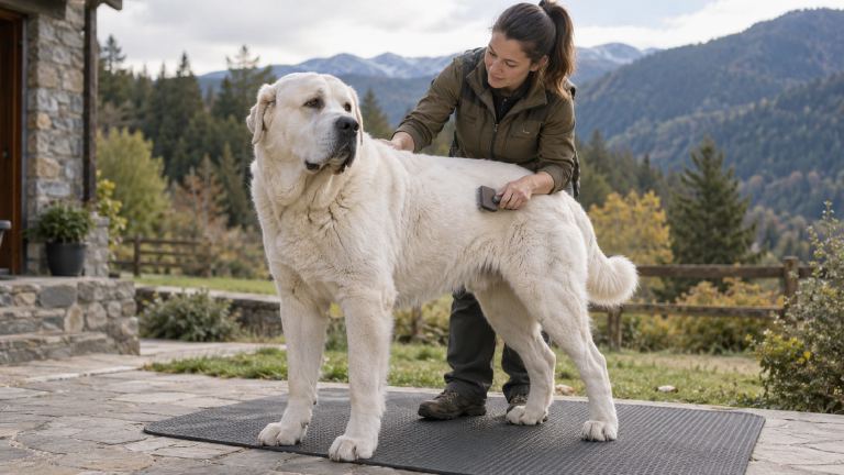 Owner brushing a Central Asian Shepherd outdoors