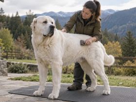 Owner brushing a Central Asian Shepherd outdoors