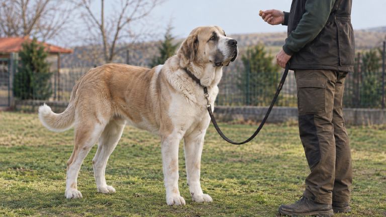 Central Asian Shepherd training with an adult handler