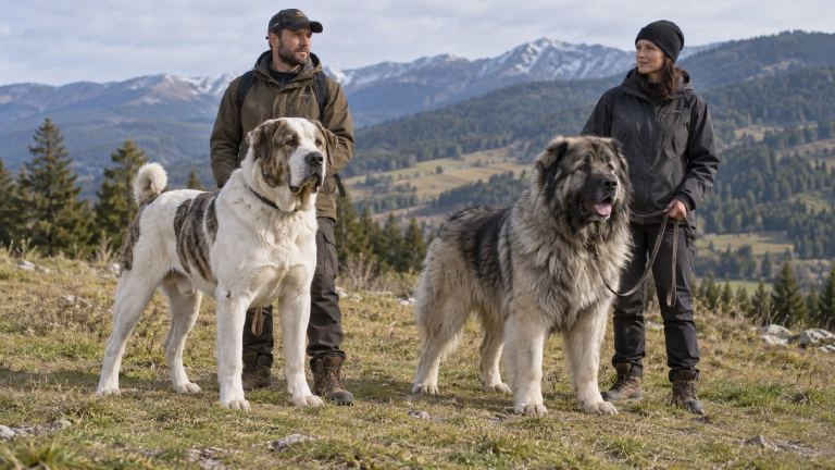 Central Asian and Caucasian Shepherds on separate leads