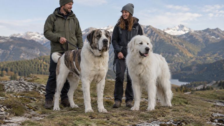 Central Asian Shepherd and Great Pyrenees outdoors