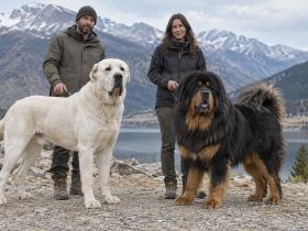 Central Asian Shepherd and Tibetan Mastiff on a path