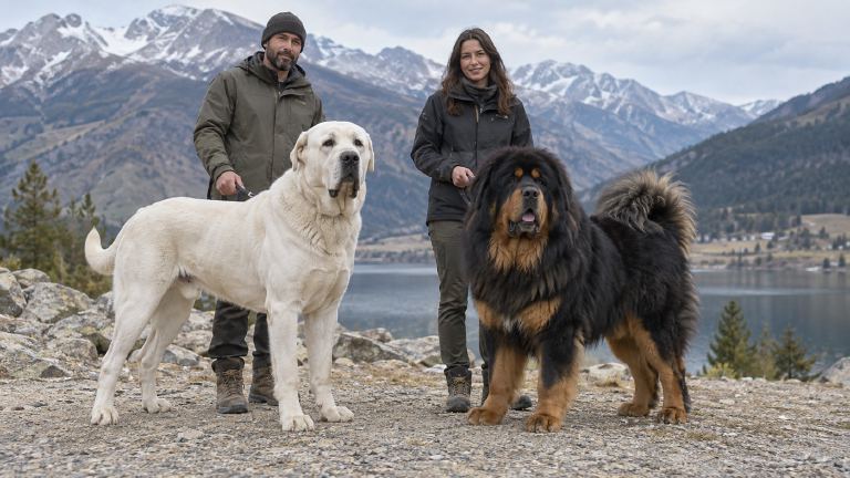 Central Asian Shepherd and Tibetan Mastiff on a path