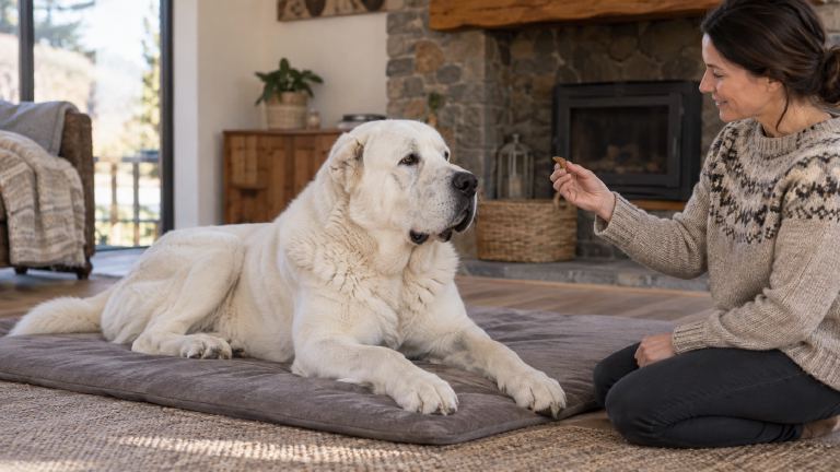 Dog settling on a mat